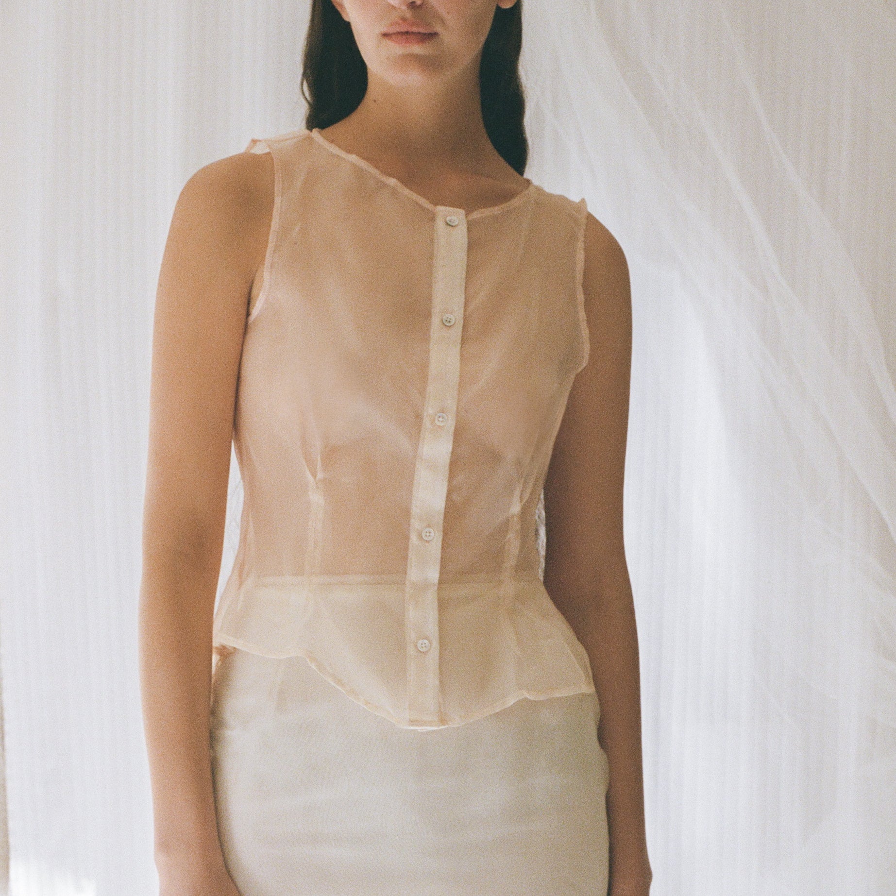 Apricot Organza Sleeveless Buttondown