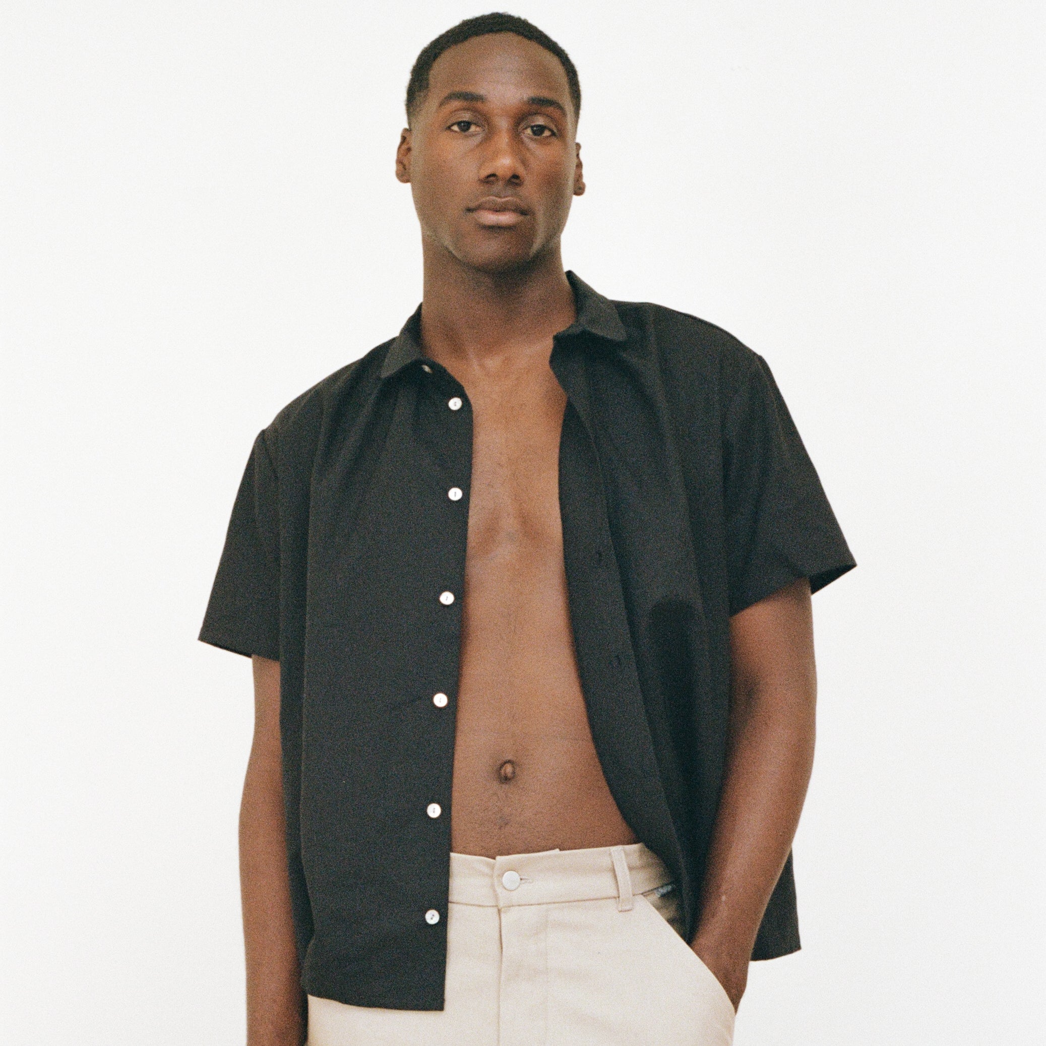 Black Short Sleeve Shirred Shirt