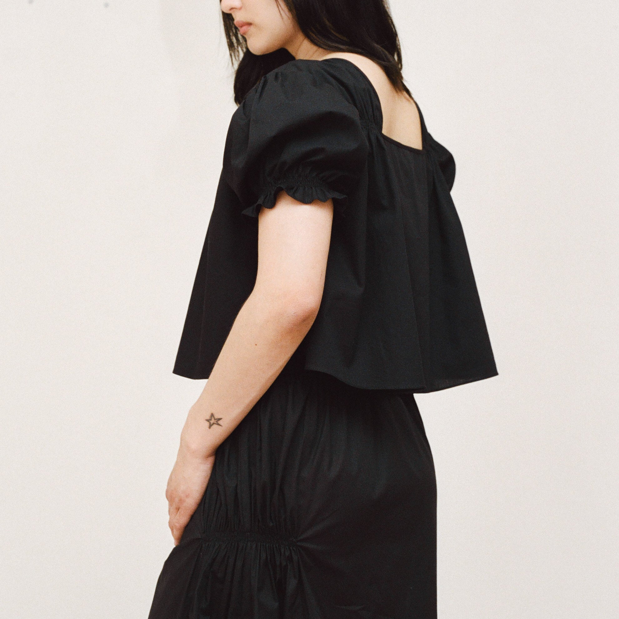 Black Cotton Smocked Blouse