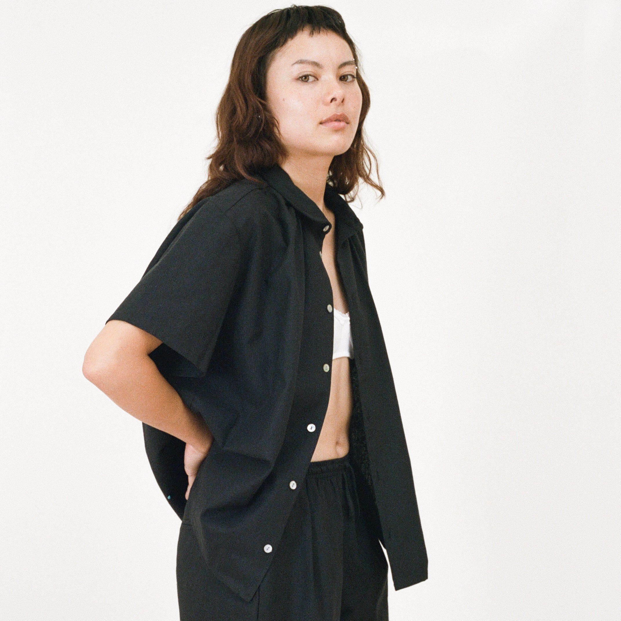 Black Short Sleeve Shirred Shirt