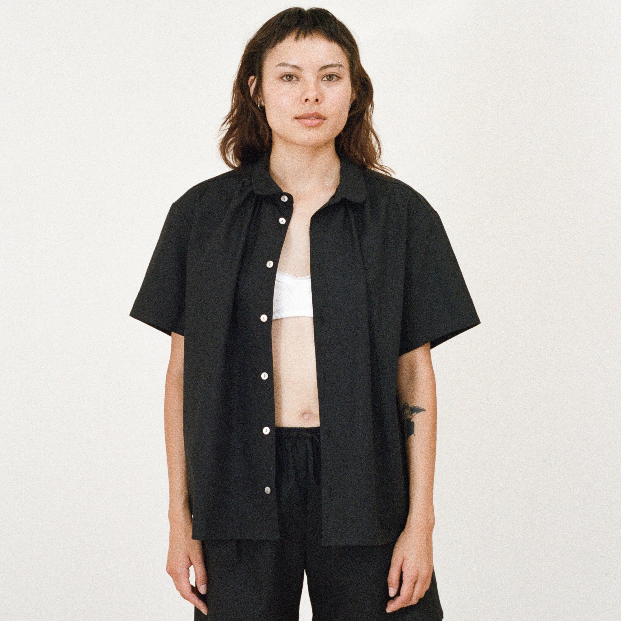 Black Short Sleeve Shirred Shirt